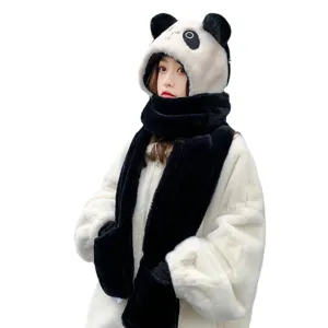 Cute 3-in-1 panda winter set for women featuring plush hat scarf and warm mittens integrated