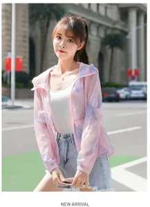Asian woman wearing a stylish pink camo sun protection mesh jacket outdoors