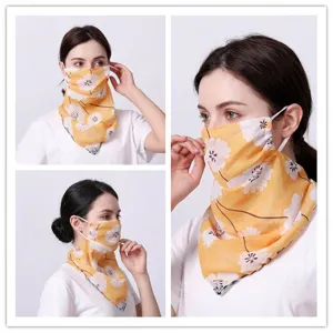 Close-up detail of women's chiffon sun mask with breathable floral print and neck cover