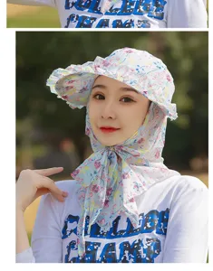 Close-up of floral sun protection hat with integrated face and neck cover on model.