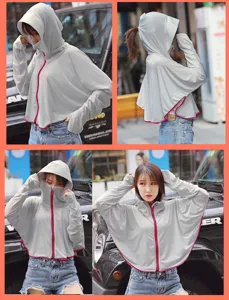 Multiple views of ice silk sun protection jacket with hood and mask for UV protection