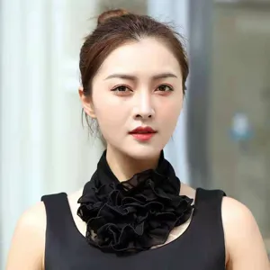 Elegant black ruffled neck gaiter scarf for women in lightweight chiffon.