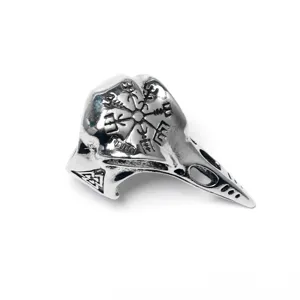 Nordic vintage Viking raven skull ring with engraved runes and adjustable band for men