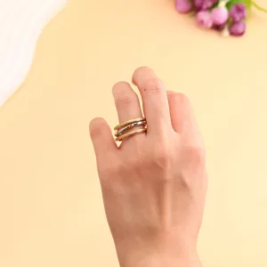 Detailed close-up view of a minimalist three-layer stacked titanium steel ring on a woman finger