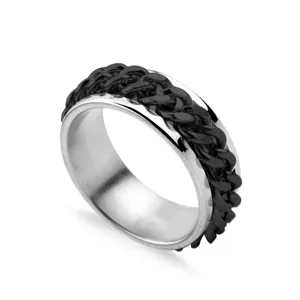 Detailed view of silver stainless steel ring featuring functional black rotating chain link