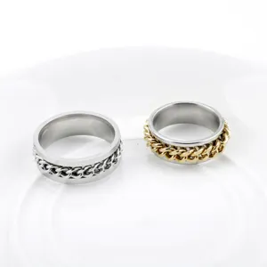 Silver and gold stainless steel spinner rings with rotatable chain design