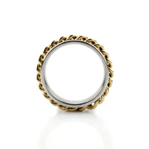 Detail view of a bicolored stainless steel rotating chain ring with bottle opener