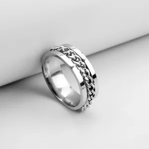 Close-up detail of a rotatable stainless steel chain ring in a polished silver finish