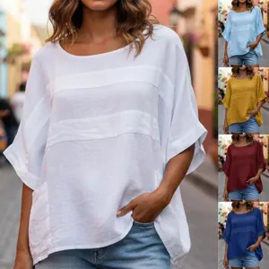 Loose fit women's round neck summer top with 3/4 sleeves available in multiple colors