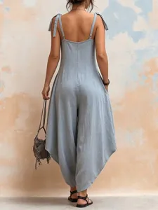 Back view of a light blue loose sleeveless jumpsuit with tie-straps and wide legs.