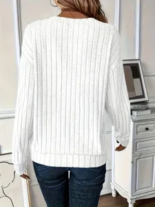 Back view of a minimalist white long-sleeve ribbed knit top for women's casual wear.