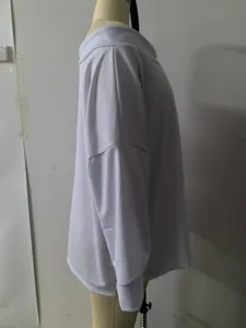 Side view of lavender off-shoulder loose sweatshirt on a professional tailor mannequin