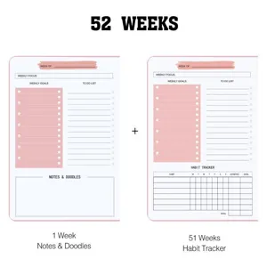 Detailed internal layout of the 52-week English planner showing habit tracker and notes pages.