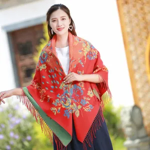 Grand châle floral de style ethnique avec franges pour la chaleur automne-hiver élégante