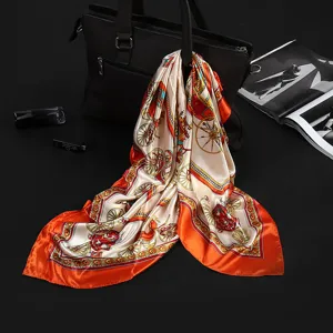 Close-up detail view of luxury 90cm satin silk square scarf with vintage horse carriage print