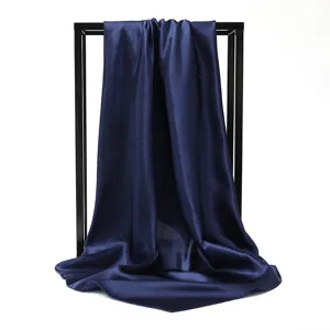 Elegant navy blue solid color silk satin square scarf for professional business wear
