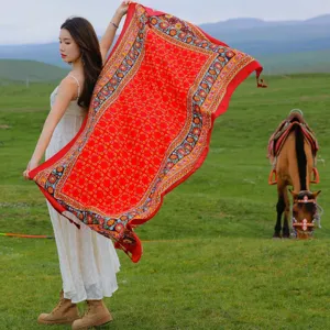 Large red ethnic style printed shawl scarf perfect for beach travel and sun protection