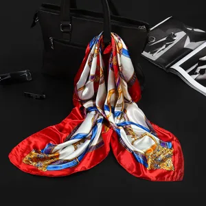 Elegant 90cm faux silk square scarf featuring detailed vintage golden chain prints