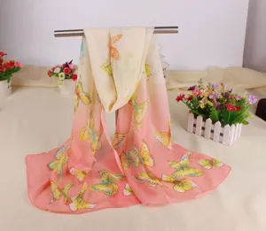 Elegant long chiffon scarf with colorful butterfly print for women, versatile sun protection shawl