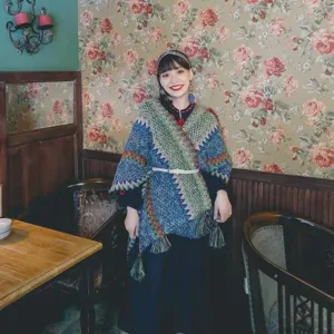 Ethnic style bohemian knit shawl wrap with fringe tassels for women winter travel