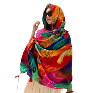 Vibrant ethnic printed shawl for beach travel, colorful lightweight sun protection scarf