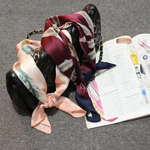 Korean Style Feather Print Square Satin Scarf For Women Elegant Neck Scarf Head Scarf Office Uniform Wrap Fashion Accessory