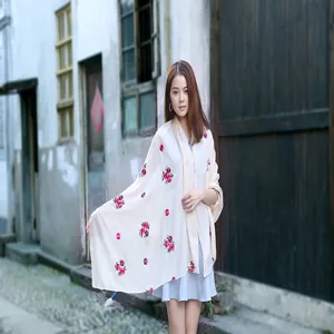 Ethnic Style Embroidered Cotton Scarf For Women Vintage Plum Blossom Floral Sunscreen Shawl Multi-functional Beach Wrap