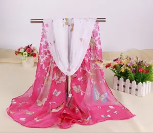Elegant women's chiffon scarf with pink butterfly and floral print shawl