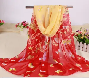 Elegant long chiffon scarf with butterfly print for sun protection and style