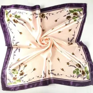 Elegant floral square silk scarf with purple borders and champagne satin finish