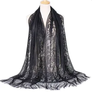 Hollow Out Tassel Scarf For Women Solid Color Breathable Lace Shawl Polyester Flower Pattern Long Scarf Elegant Commuter Fashion Accessory