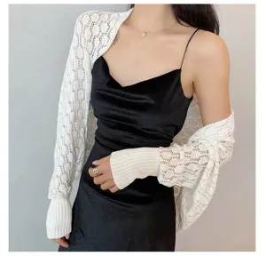 Close-up detail of a white hollow honeycomb knit shrug paired with a black camisole dress