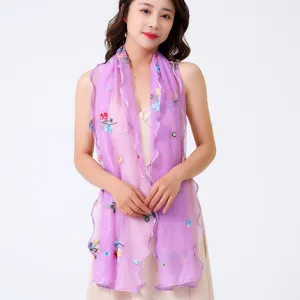 Damen Bestickt Netz Schal Mit Wellenkante Floral Transparent Tüll Schultertuch Leicht Weich Halstuch Für Party Alltag Hochzeit