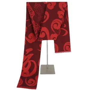 Classic Chinese red cashmere feel scarf with auspicious cloud patterns and Fu character