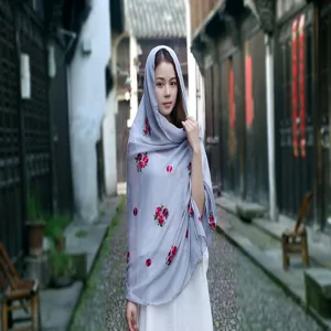 Ethnic style cotton linen shawl with red floral embroidery and sun protection for women