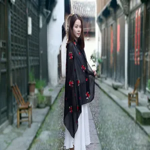 Elegant black ethnic style cotton linen shawl with red flower embroidery for summer