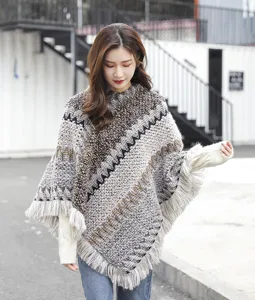 Women's ethnic style knit poncho with zigzag patterns and tassel hem for autumn winter