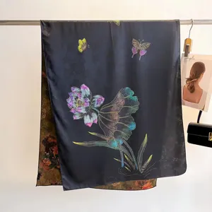 Vintage mulberry silk scarf with vibrant lotus and butterfly prints on a black base