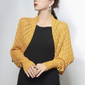 Elegant women's yellow knitted honeycomb shrug bolero for sun protection and warmth