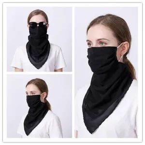 Multi-angle view of black chiffon sun protection face mask with neck gaiter