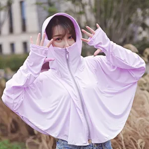 Women's ice silk sun protection jacket with integrated hood and mask in light purple