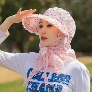 Women's floral wide-brim sun protection hat with neck flap for outdoor summer activities
