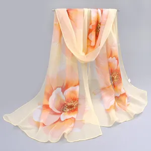 Elegant long chiffon scarf with large orange floral print for summer sun protection
