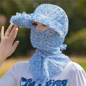 Floral print women's sun hat with full face and neck cover for outdoor sun protection