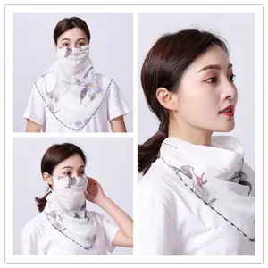 Breathable chiffon sun protection mask scarf with elegant floral print for outdoor women