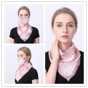 Pink plaid chiffon UV protection face scarf mask for women shown in multi-angle detail