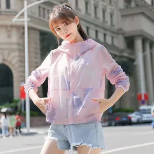Breathable women's pink printed sun protection jacket for outdoor summer wear