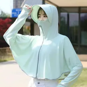 Women's light green ice silk sun protection jacket with integrated hood and face mask