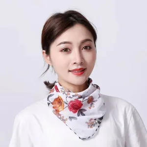 Elegant white floral chiffon neck scarf for women, lightweight sun protection neck mask