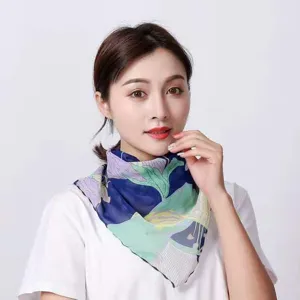Elegant floral print chiffon neck scarf for women, lightweight blue and green pattern
